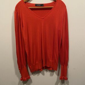 Lauren Ralph Lauren Sweater Dark Orange Large Ruffle Gold Button Sleeve Preppy